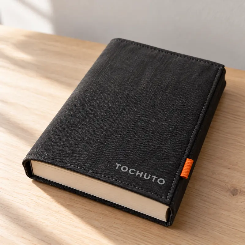 黒いブックカバー。TOCHUTO の文字とオレンジのしおり。